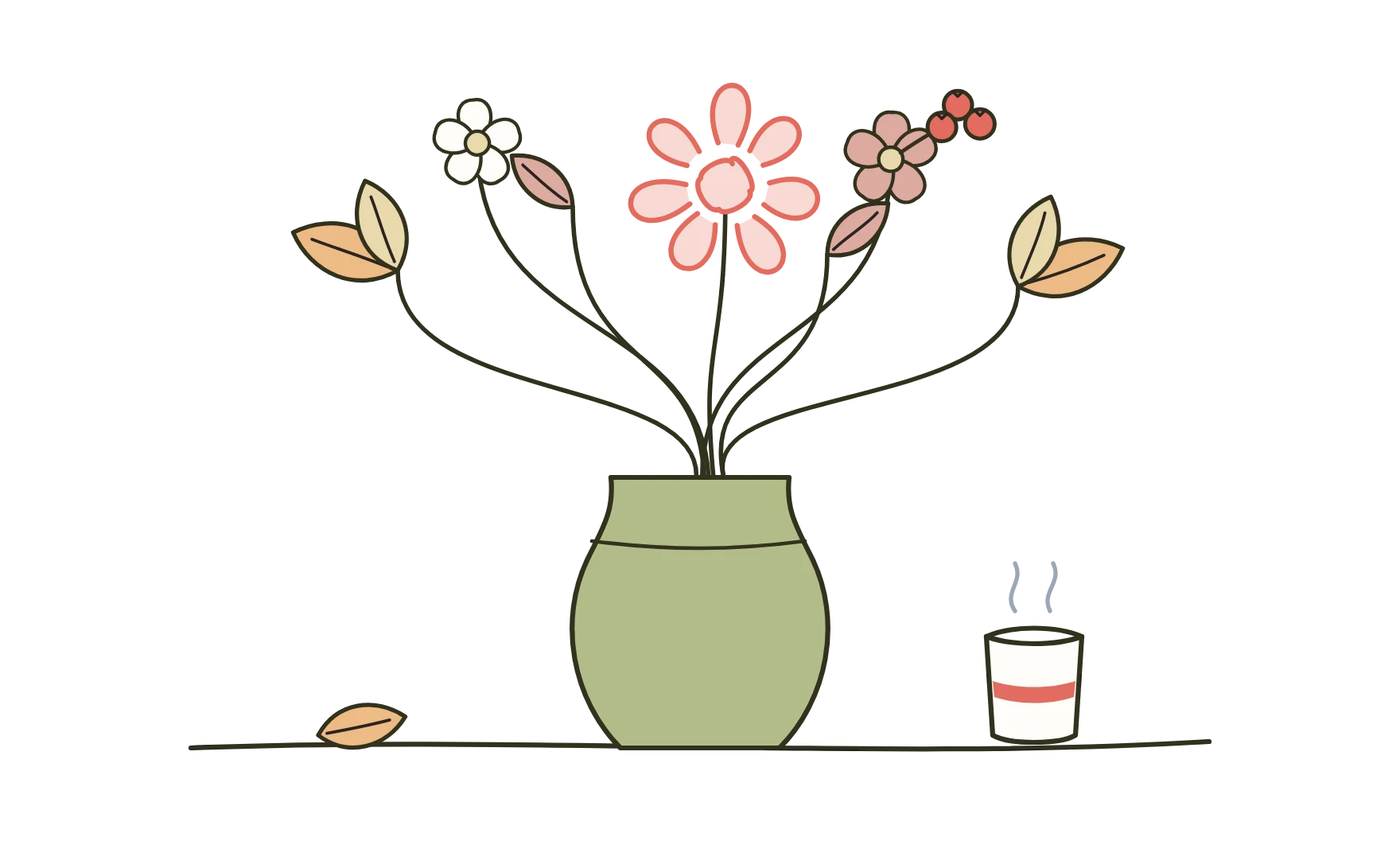 Un bouquet de fleurs dans un vase vert, à côté d’une tasse de thé
