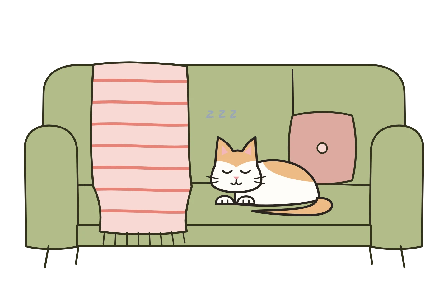 Bao qui dort sur le canapé vert, à côté d’un plaid rayé rose