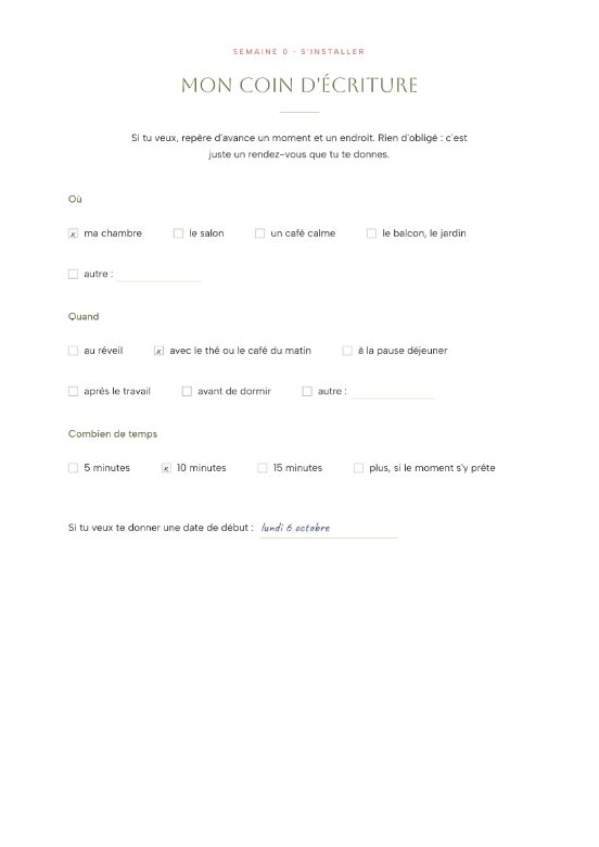 Une page : mon coin d'écriture