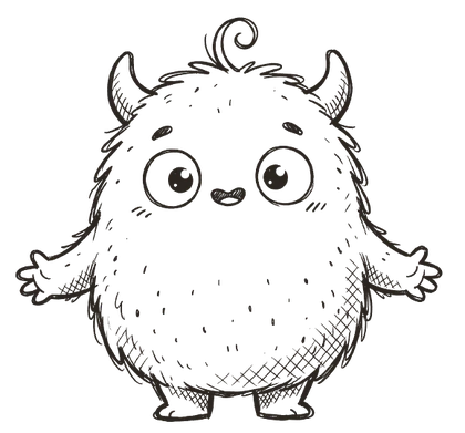Gribouille, le petit monstre poilu du carnet, avec ses deux cornes et ses grands yeux.
