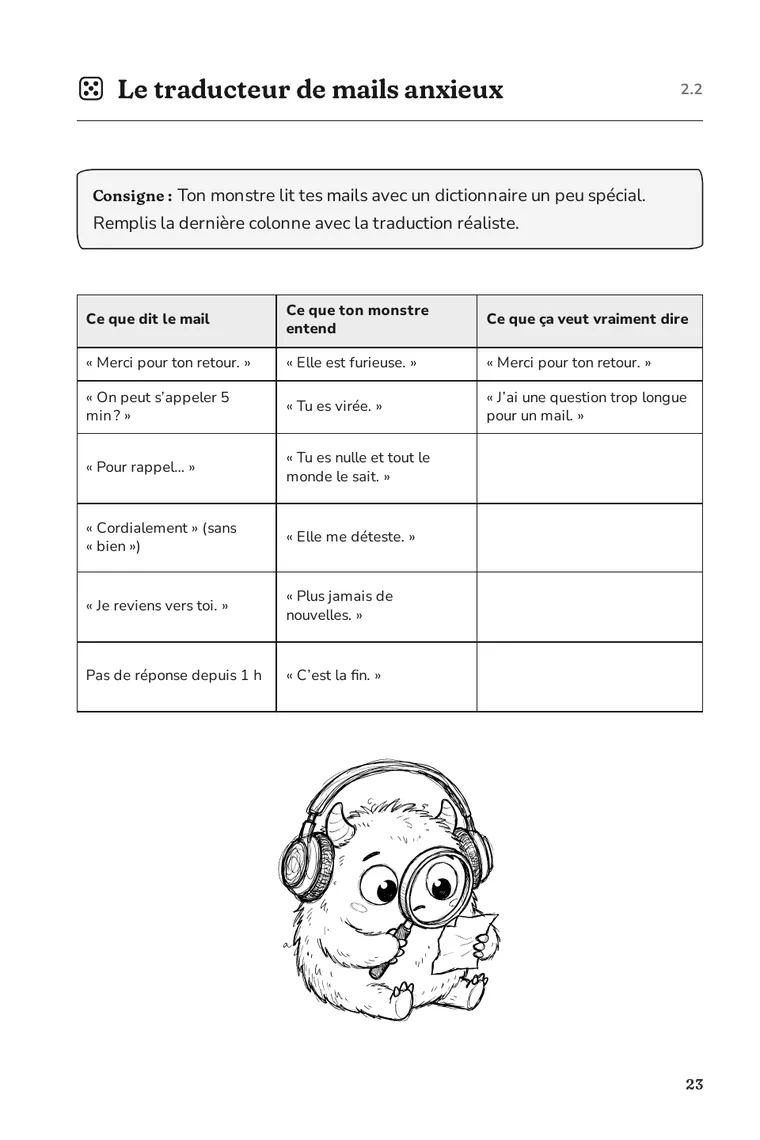 Page 23, le traducteur de mails anxieux