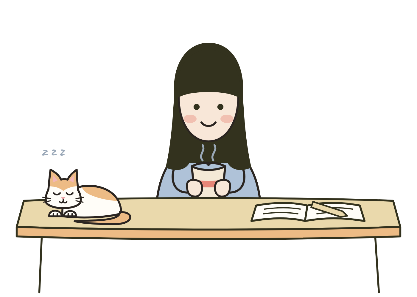 Dessin de Camélia à son bureau avec sa tasse de thé, son chat Bao endormi à côté d’elle.