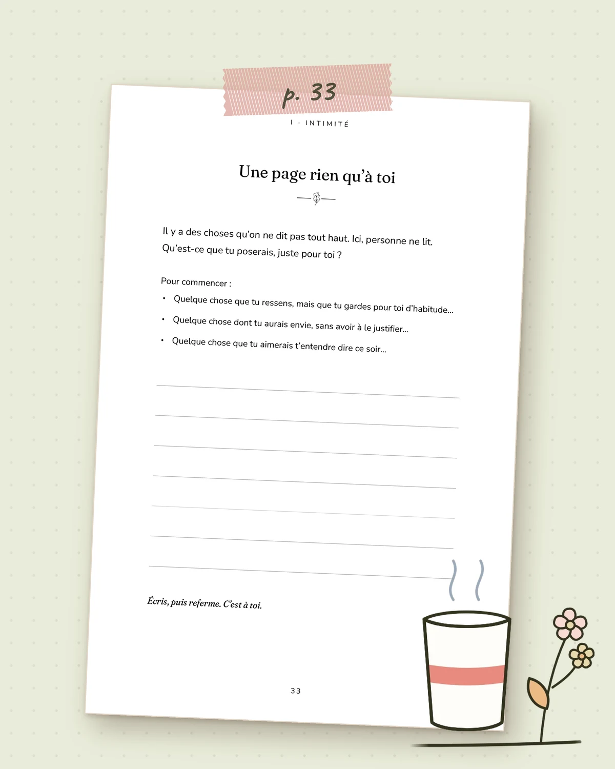 Page 33, page d’écriture « Une page rien qu’à toi » avec des pistes pour commencer