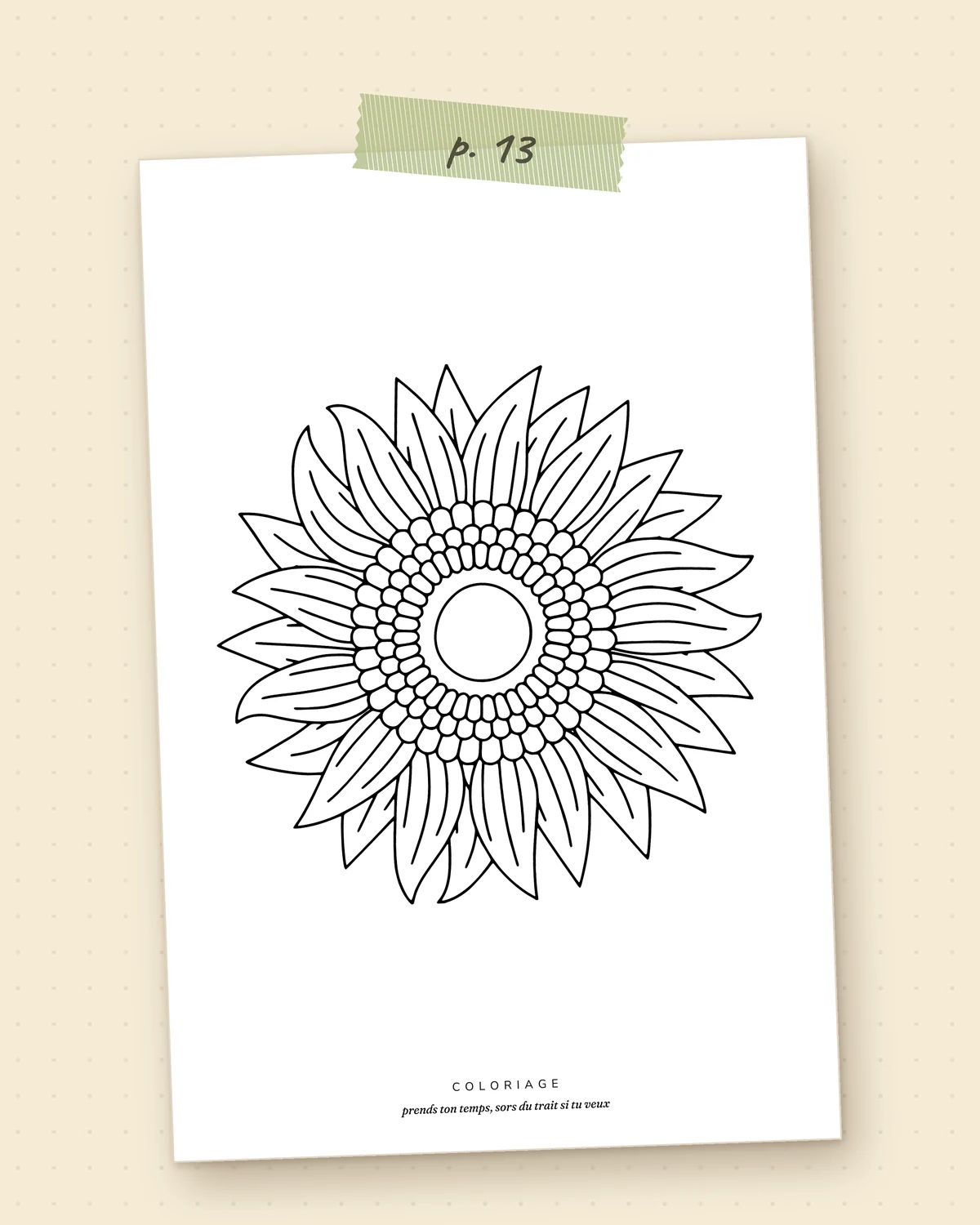 Page 13, coloriage d’un grand tournesol au trait