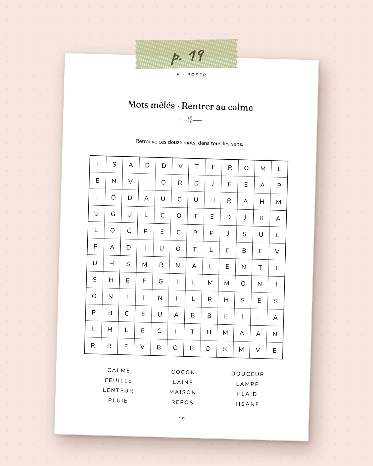 Page 19, grille de mots mêlés « Rentrer au calme »
