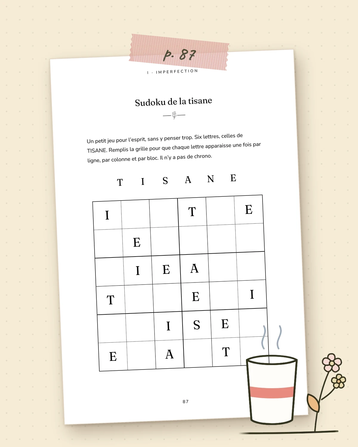 Page 87, sudoku de lettres avec le mot TISANE