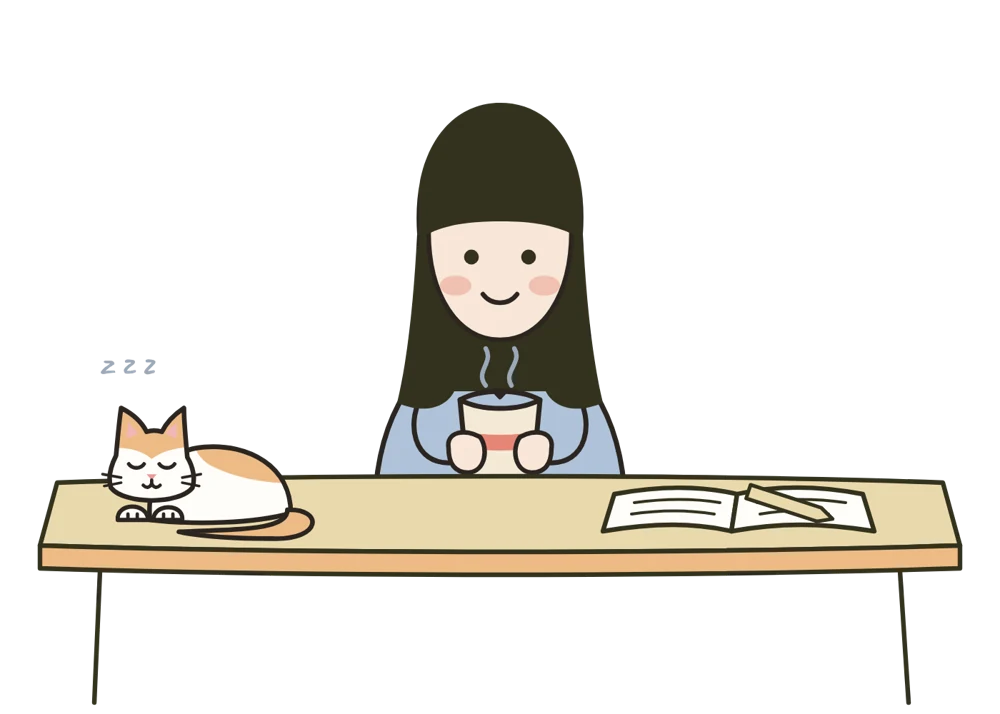 Dessin de Camélia à son bureau avec une tasse de thé, son chat Bao endormi à côté