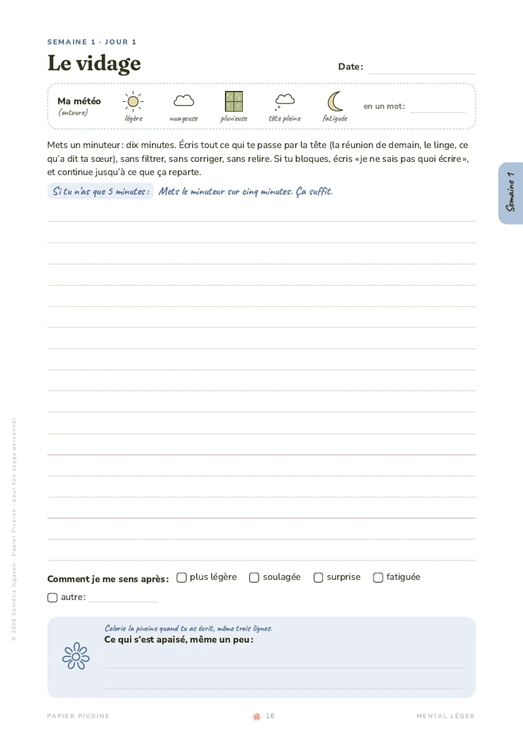 Page du jour 1, Le vidage : ta météo, la consigne et des lignes pour écrire.
