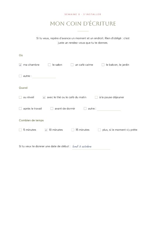 Semaine 0, Mon coin d'écriture, page remplie à la main