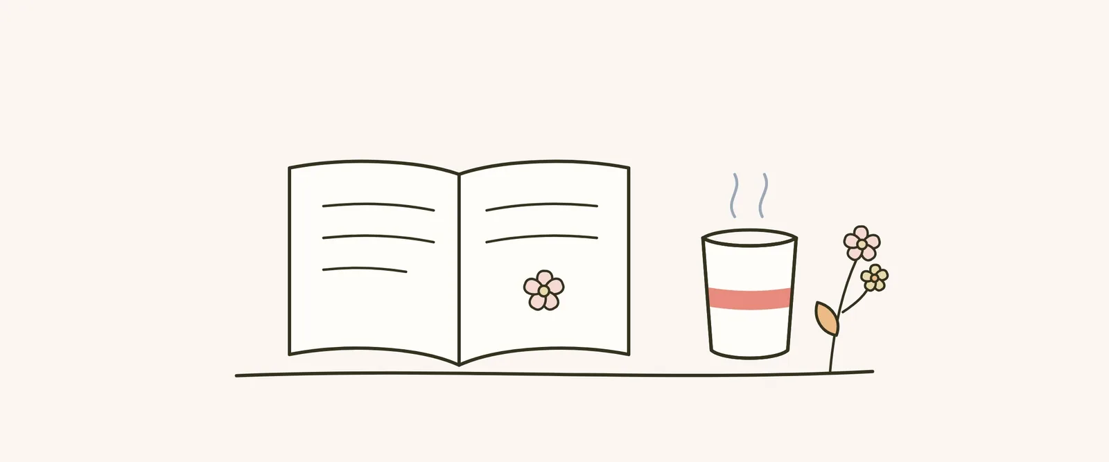 Un carnet ouvert avec quelques lignes écrites, une tasse de thé fumante et des petites fleurs, dessinés au trait sur un fond crème.