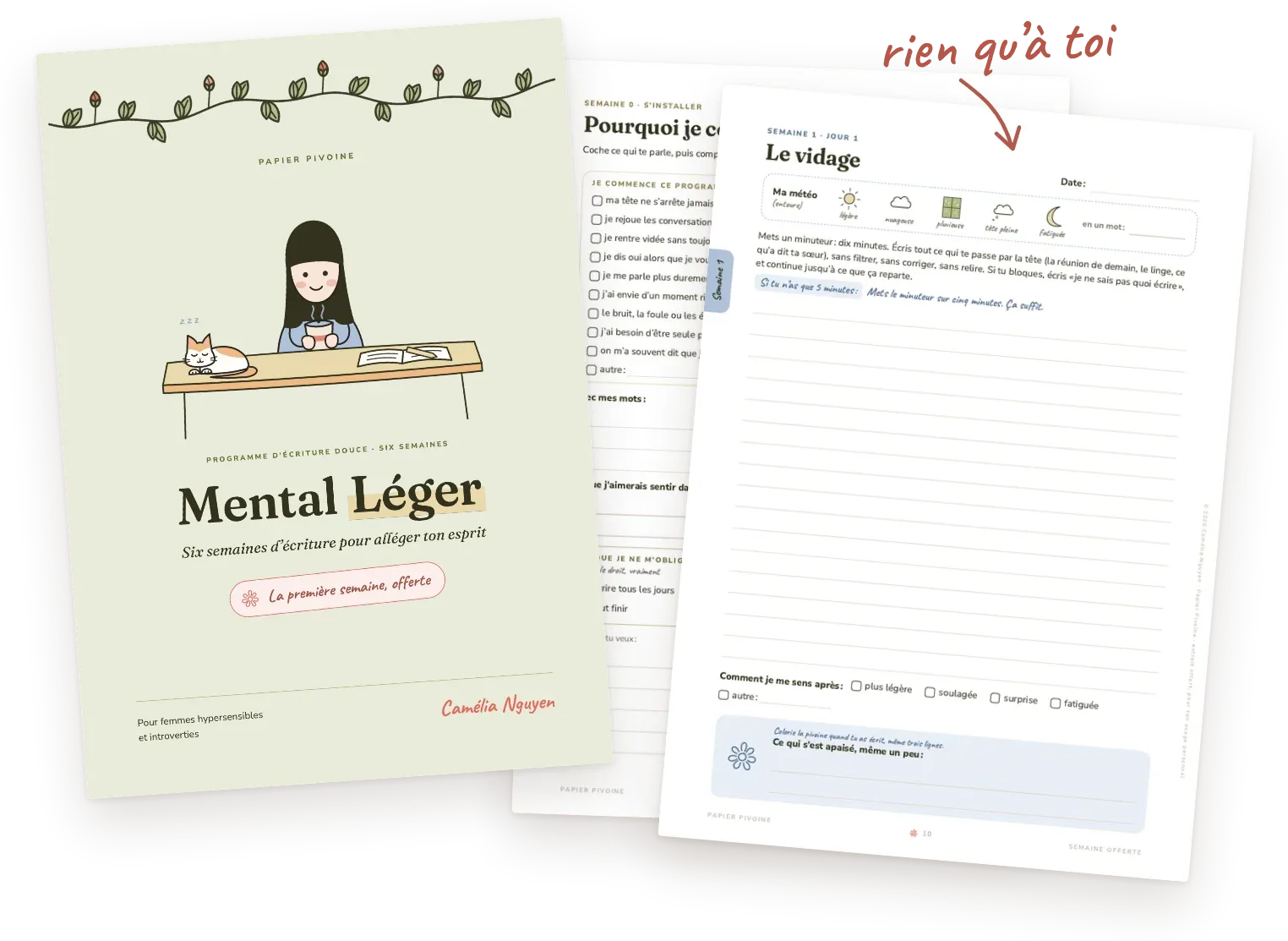 La couverture de la première semaine offerte de Mental Léger et deux de ses pages, Pourquoi je commence et Le vidage.