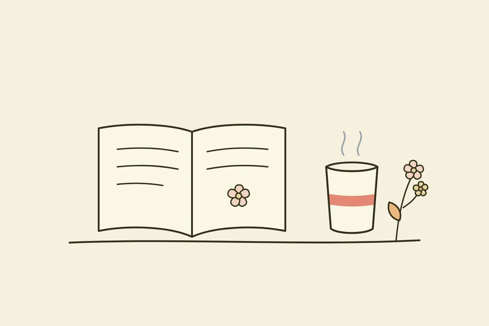 Un carnet ouvert, une tasse de thé fumante et des petites fleurs, dessinés au trait sur un fond crème.